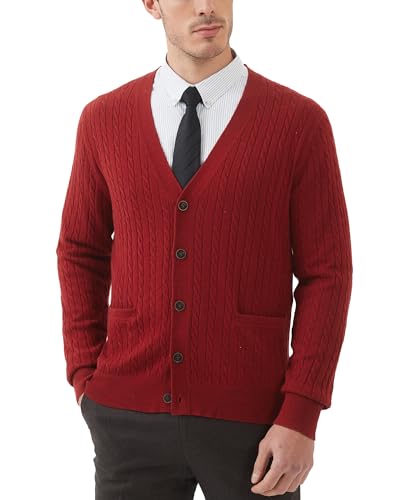 Kallspin Men's Cardigan Sweater Wool Blend Cable Knit V Neck Buttons Cardigan with Pockets(Santa Red, 4X-Large)
