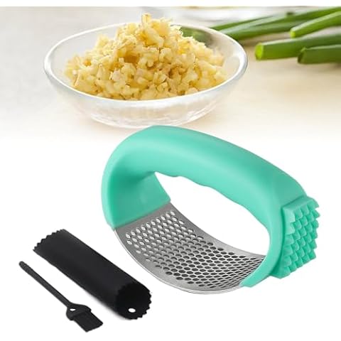 2025 New Garlic Press Rocker, Stainless Steel Garlic Presser, Garlic Mincer Crusher Masher with Peeler and Cleaning Brush, Garlic Chopper for Smash Garlic Kitchen Gadgets (Green) Cover