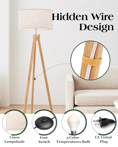 elyona nordic wood tripod floor lamp modern reading standing lamp for living room 3 color temperatures led bulb included flaxen lamp shade boho natural wooden floor lamp for bedroom office kids room