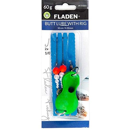 Fladen Buttlöffel-Vorfach - Butt Lure, Plattfischvorfach in Grün, Gewichte 40g-120g, bleifrei, 50cm, Schnur 0,50mm, 2 Haken Gr. 1/0 (100g)