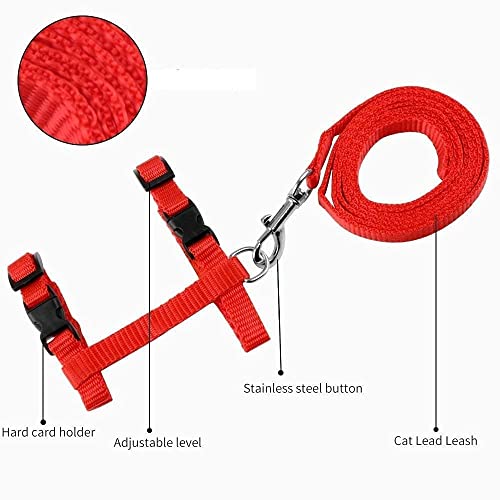 Image of Cat & Small Pet Nylon Strap Collar with Adjustable Walking Harness Leash Pet Walking for Kitten- Plain (RED)