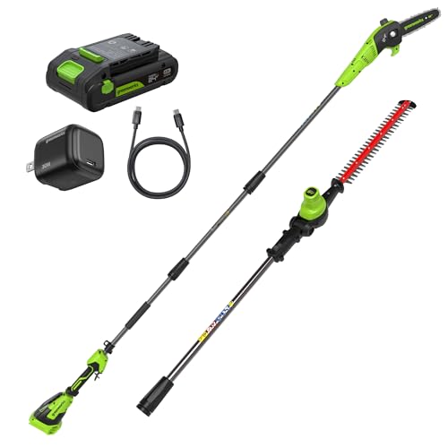 Image of Greenworks 24V 8 in Pole Saw Hedge Trimmer Kit, 2.0 Ah Battery and Charger