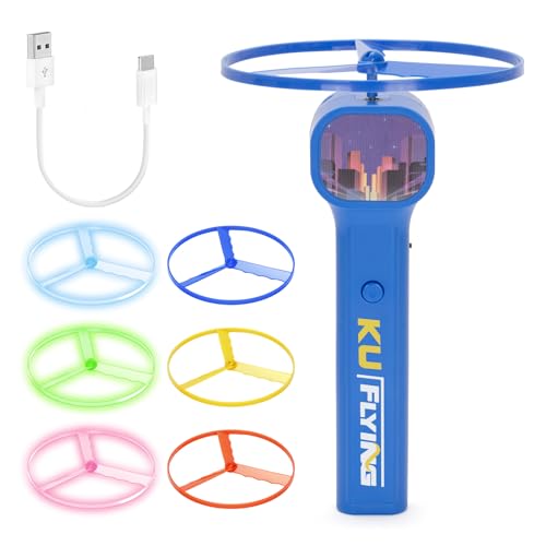 FunisFun Electric Disc Launcher with 6 Flying Spinners, Rechargeable Glow in The Dark Disc, Outdoor Fun Fidget Toys for Adults & Kids