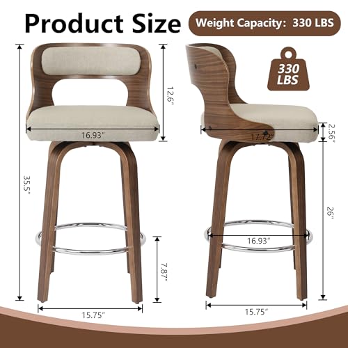 Image of Swivel Bar Stools Set of 2, 26 inch Counter Height Bar Stools, Mid-Century Modern Linen Fabric Modern Island Chairs with Back and Footrest, for Kitchen, Bar, Restaurant, Cafe, Camel