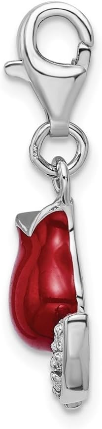 Amore La Vita Sterling Silver Rhodium-plated Polished CZ Red Enameled Tulip Flower Charm with Fancy Lobster Clasp