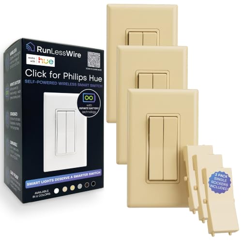 Image of RunLessWire Click for Hue Battery-Free Wireless Smart Switch 3 Pack Ivory | Dimmable Kinetic Switch Pairs Natively to Philips Hue Bridge, 4 Programmable Buttons to Control Scenes & Areas, 100ft Range