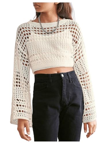Image of RoseSeek Girl's Hollow Out Knitted Crop Sweater Long Sleeve Crew Neck Drop Shoulder Sheer Pullovers Knitwear