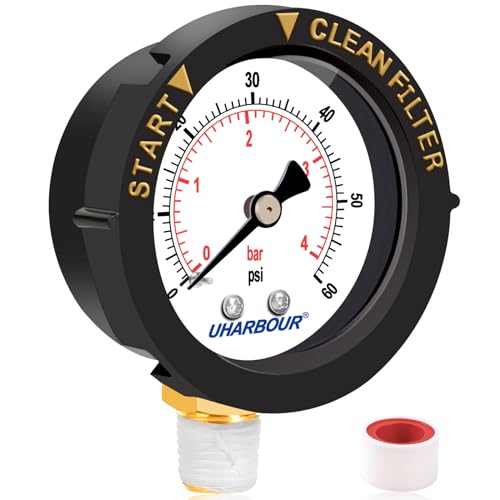 UHARBOUR 60psi Pool Filter Pressure Gauge 2 Dial with Protection Case and 1/4 NPT Center Bottom Mount Pool Pressure Gauge for Swimming Pool Filter