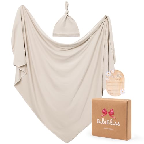 Image of Stretchy Swaddle Blanket for Newborns with Hat & Hello World Card-Soft Baby Swaddles 0-3 Months,47 inchx 47 inchReceiving Blanket for Boys & Girls (Oat)
