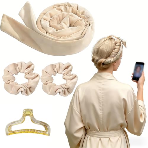 Heatless Hair Curling Set Soft Silk Headband with Hair Clip 152cm/60in Overnight Curler for Natural Waves Beige Sleep-in Hair Styling Tool for All Hair Types