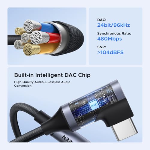 Image of UGREEN USB C to 3.5mm Audio Adapter Type C to Aux Headphone Jack Dongle 24bit /96kHz HiFi DAC Cable Right Angle Cord Compatible with iPhone 17 16 Pro Max /16 Plus, iPad, Galaxy S25 S24 Ultra, Pixel 10