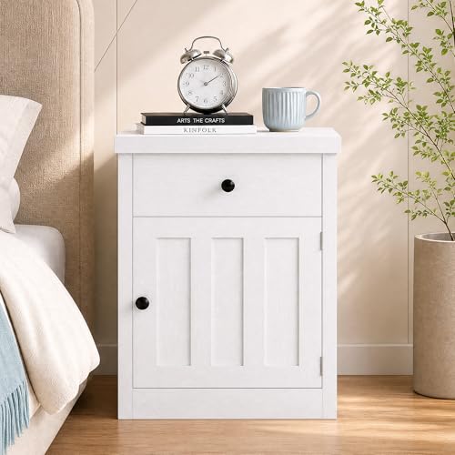 Image of LIKIMIO Modern Nightstand with Drawer & Cabinet, for Bedroom /Living Room | Farmhouse Bedside Table,Ample Storage, Sturdy and Durable, Easy Assembly, White