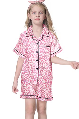 Image of Umeyda Women & Girls Pajamas Set, Soft Satin Lightweight Silk Button-Down Top with Shorts 2 Piece PJS for Mom Boys Kids Gifts