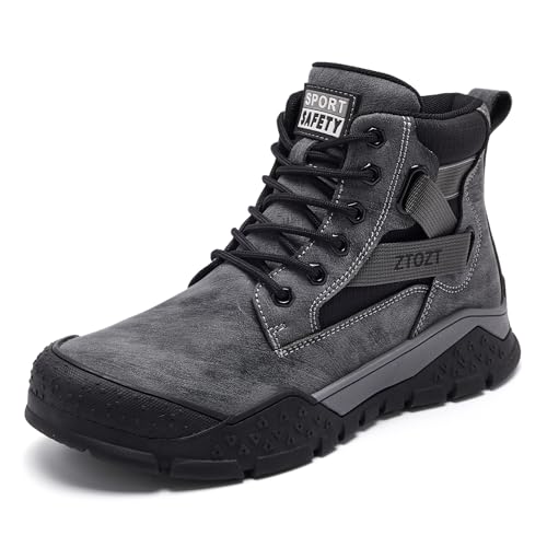 Image of Steel Toe Boots for Men Industrial Indestructible Work Slip Resistant Leather Construction Safety Shoes Grey Size 8.5