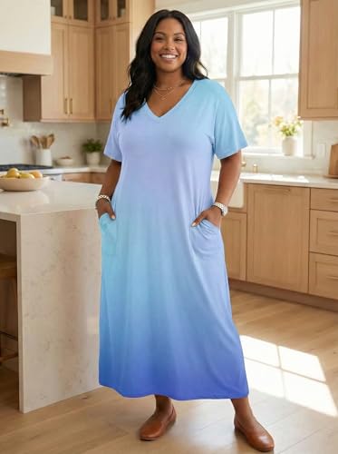 Image of SUZONANA Women Casual T-Shirt Dress V Neck Short Sleeve Solid Color Oversize Dress with Front Two Pockets