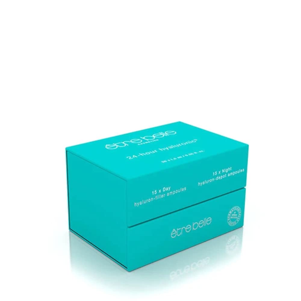 Caja de ampollas de ácido hialurónico de 24 horas; Costre belle Cosmetics; tratamiento de ampollas para una piel húmeda y lisa con el golpe de ácido hialurónico.