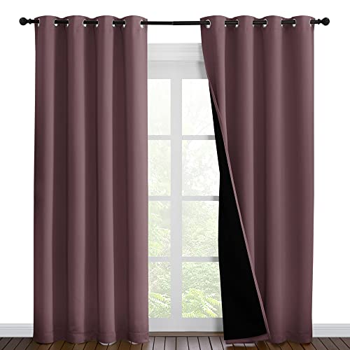 NICETOWN Living Room Completely Shaded Draperies, Privacy Protection & Noise Reducing Ring Top Drapes, Black Lined Insulated Window Treatment Curtain