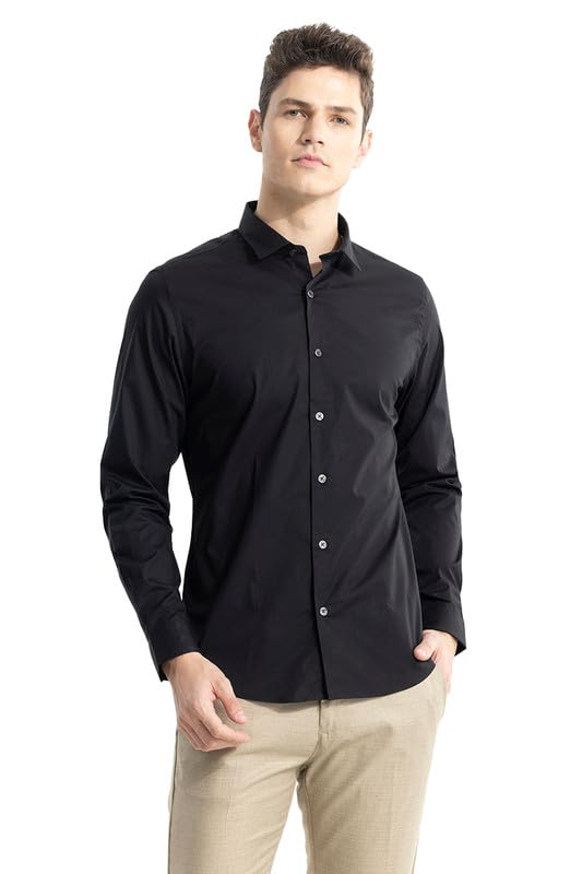 Image of SNITCH Men's Plain Shirts Formal Wear Streetwear Style | Cotton Spread Full Sleeve Slim Fit Black