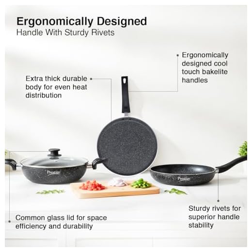 Prestige Svachh Granite Non-Stick 3-Piece Set Cookware |Dual Non-Stick Delight|Omni Tawa - 28cm Dia, Kadai with GlassLid - 24cm Dia, Fry Pan - 24cm Dia|Gas and Induction Compatible|Easy Care