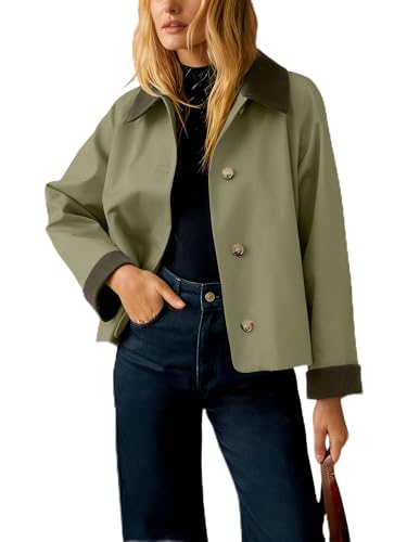 Lviefent Womens Contrast Collar Jacket Casual Button Down Long Sleeves Crop Trench Coat Outerwear with Pockets (ArmyGreen-S)