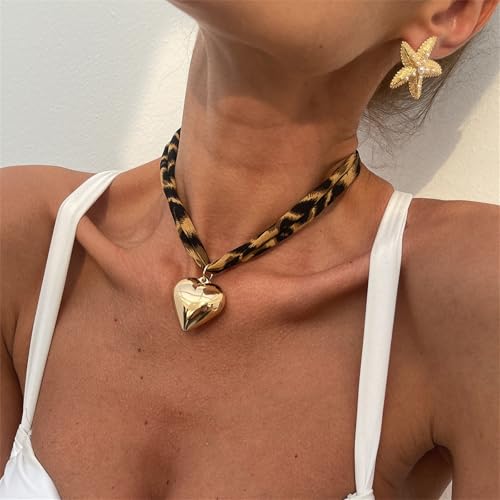 PINK TOWN Vintage Boho Necklace,Fashion Leopard Starfish/Flower/Heart/Cross Pandent Necklace Satin Fabric Leopard Choker Bohemian Summer Beach Holiday Jewelry for Women2