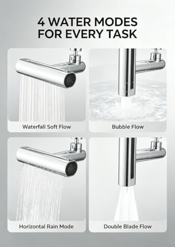 Faucet Extender, 5.5 Inch Long, 4 in 1 360° Waterfall Kitchen Faucet Head Replacement with 2 Adapters & Spanner, Metal Construction, Universal Adapter, Extender for Bathroom Sink. — view 3
