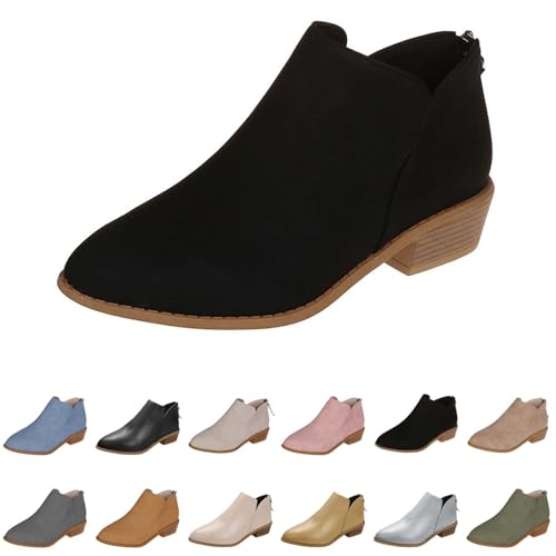 Generico Botas de invierno para mujer, tacón bajo, botines de mujer a prueba de viento elegantes, botas casuales botines cómodos botines mujer motorista bajos, botas chelsea mujer, Negro , 39 EU