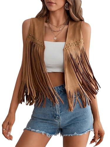 GORGLITTER Women's Tassel Fringe Sleeveless Vest Suede 70s Hippie Cowgirl Country Concert Western Jacket Outfits