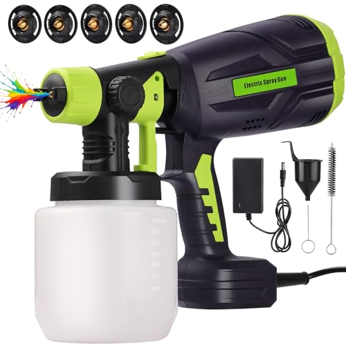 Electric HVLP Paint Sprayer for Home DIY - 1L Detachable Tank, 5 Nozzles & 3 Spray Patterns, Handheld Paint Sprayer for Walls, Ceilings, Fences, Sheds, Furniture & Cabinets(Black)