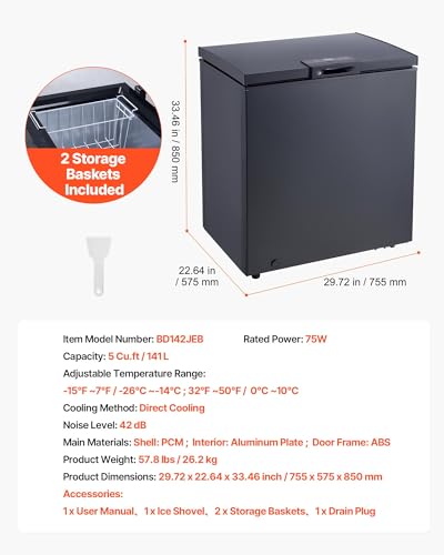 Image of VEVOR Chest Freezer, 5 Cu.ft Compact Deep Freezer, Free Standing Top Open Door Chest Freezers with 2 Removable Baskets & Adjustable Thermostat - Energy Saving, Low Noise & Garage Ready, Black