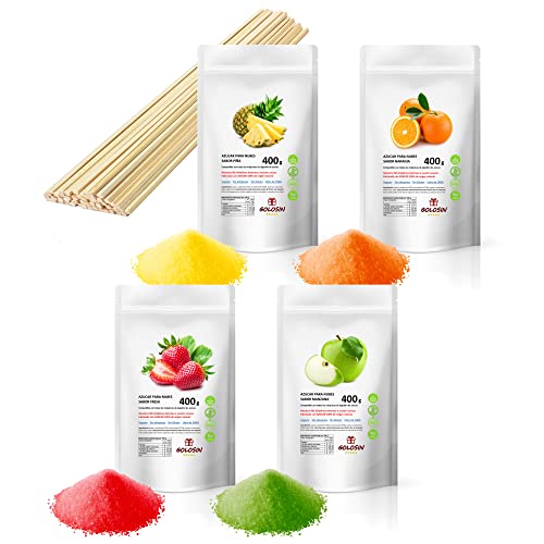 Azúcar para Algodón de Azúcar. Pack 4 Sabores de 400g = 1.600g y 40 Palos. Con Azúcar 100% de Origen Natural. Sin dextrosa.