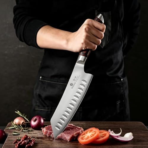 Image of imarku Santoku Chef Knife 7 Inch, Ultra Sharp High Carbon Stainless Steel Japanese Kitchen Knife with Hollow Edge | Ergonomic Pakkawood Handle, Gift Box for Meat /Vegetables /Tomatoes & Daily Cooking