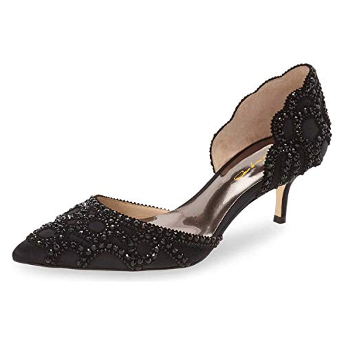 XYD Women's Pumps, Elegant Pointed Toe, D'Orsay Kitten Low Heels, Rhinestone Studs, Slip-On Satin...