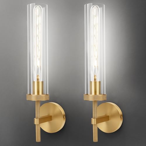 Image of Brass Wall Sconces Set of Two with White Lights, 19.5'' Brushed Brass Knurled Bathroom Sconces Wall Lighting Vanity Light with Clear Glass for Living Room Mirror Bedroom Stairs