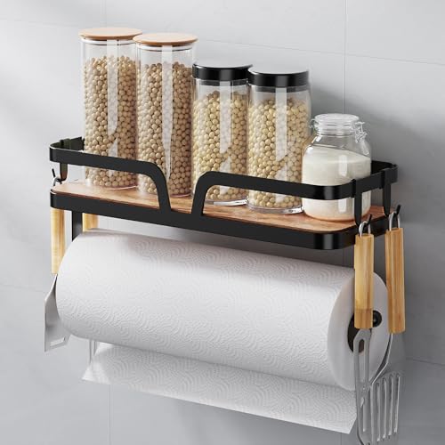 Image of Taozun Paper Towel Holder Wall Mount, Kitchen Paper Holder Spice Rack Black Paper Towel Roll Holder RV Paper Towel Rack with 4 Hooks(2 Installation Methods - Self-Adhesive and Drilling)