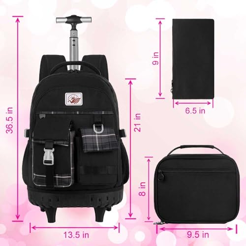 AGSDON Rolling Backpack for Girls, 21" Women Roller Wheels Bookbag, Laptop Wheeled Suitcase School Backpacks with Lunch Bag for Teens3