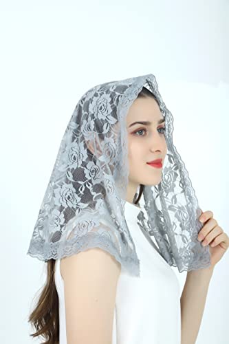 Grettytling Lace Mantilla Veil Soft and comfortable 7 Colors Spanish Style Rose Lace Veil Head Covering D Shape ,Grey