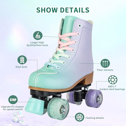 Jessie Roller Skates, PU Leather Flash Roller Skates, Adjustable Purple Green Four-Wheel Beginner Adult Skates - Indoor/Outdoor (Women's 8.5)