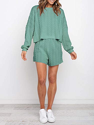 Faroro Women'S 2 Piece Knit Outfits Casual Long Sleeve Tops And Shorts Pajama Set Pullover Loungewear Sets Green thumb #2