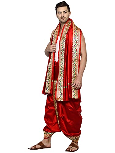 Image of Rameshwaram Fabrics Readymade Dhoti for Men, Velcro Style Stitched Mens Silk Dhoti Pant with Stole Set