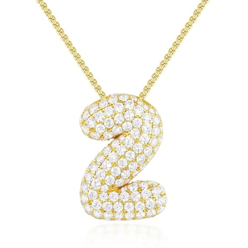 KissYan Bubble Number Necklace, 14K Gold Plated Cubic Zirconia 0-9 Charms Pendant Box Chain Necklace Inspiration Numerology Jewelry for Women Men