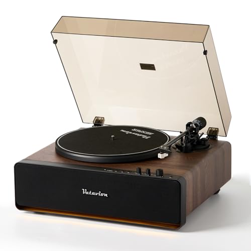 VATAVION Tocadiscos de vinilo, tocadiscos de alta fidelidad para discos de vinilo 33/45 RPM con cartucho MM AT-3600L, preamplificador Phono, reproductor de discos Bluetooth con luz LED, apagado