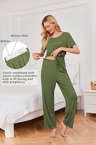 ELESOL Women's Nursing Pajamas Maternity Pajama Postpartum PJS Breastfeeding Short Sleeve Top & Pants Sets with Pockets