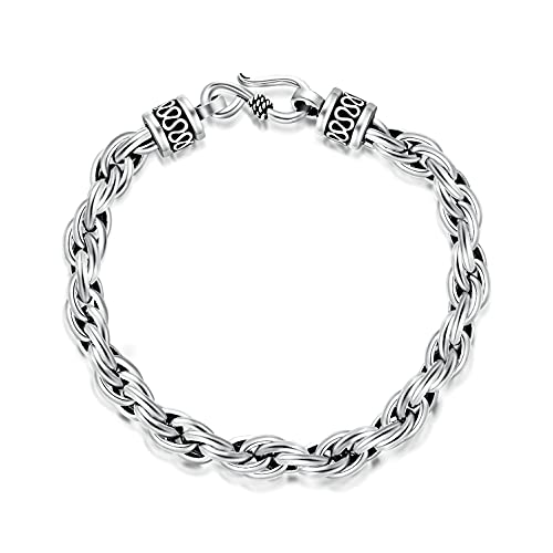 Cekama Heavy Sterling Silver Rope Chain Bracelet For Men, Vintage Twine/Byzantine/Franco Link Curb Chain Bracelet, Matte 8.5 Inch #TOP14