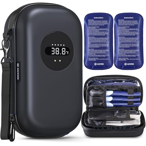 AUVON Insulin Cooler Travel Case with Rechargeable Temp Display, Large Insulin Pen Cooler Travel Case with 2 x 160g TSA Approved Ice Packs, Waterproof Insulated Cooler Bag for Daily Use & Trip