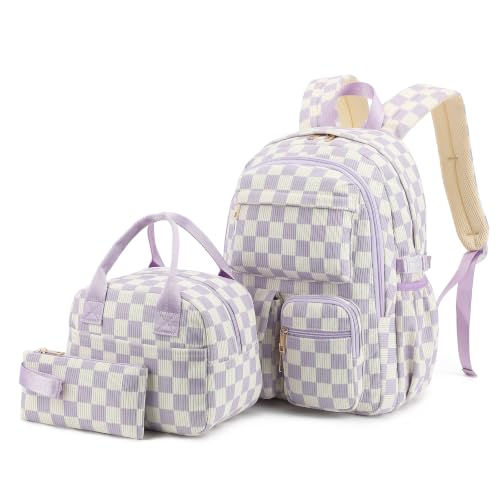 Liumaverse Corduroy Backpack Set for Teen Girls, 3PCS Kids Backpack with Lunch Box Pencil Pouch, Lightweight Bookbag Travel Daypack for Elementary Middle High School Bag (Checkered Purple) by Liumaverse - Used condition - US$39.32