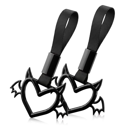 Image of 2 Pcs Devil Heart Shaped Car Handle Strap - JD M Drift Charm Rear Bumper Warning Ring Decor for Car Interior Exterior, Subway Bus Handle Accessory, Cute Heart Car Decor Gift (Black-Wing)