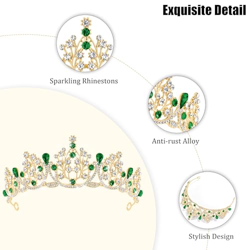 TAROSE Gold Crowns and Tiaras for Women, Queen Crystal Tiaras with Green Rhinestone, Goddess Crown for Wedding Bride Birthday Princess Bridal Shower Hair Accessories for Women by TAROSE - Image 2