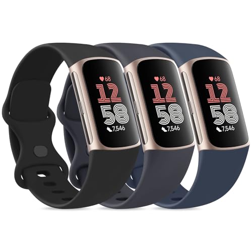 3 Pack Bands for Fitbit Charge 6 / Charge 5 Bands Women Men, Soft Silicone Waterproof Adjustable Wristband Replacement Sport Straps for Fitbit Charge 5 / Charge 6 Fitness Tracker (Black+Midnight+AbyssBlue, Large)