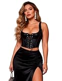 sunshinelady Corset Top Damen Pu Leder Sexy Top Korsett Schwarz Wetlook Corsage Große Größen Oberteil Rückenfrei Clubwear Bauchfreies Partykleid mit Tanga Domina Outfit Halloween Kostüm Schwarz L
